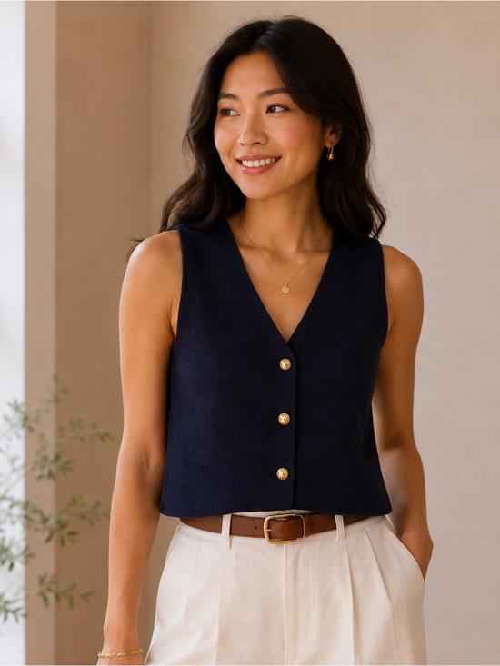Rachel Zoe Tops - Rachel Zoe Navy Sleeveless Knit Vest with Gold Buttons